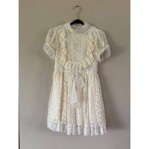Vintage Hollywood Girls‎ 7 Cream Lace Dress Mock Neck Ruffle Union 1st Communion